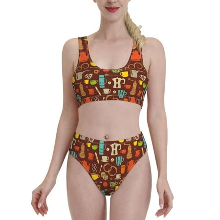 Bixox Retro Coffee Pattern Two-Piece Sports Bikini with U-Shaped Top and High-Waist Bottom - Women s Swimwear with Removable Bra Pads