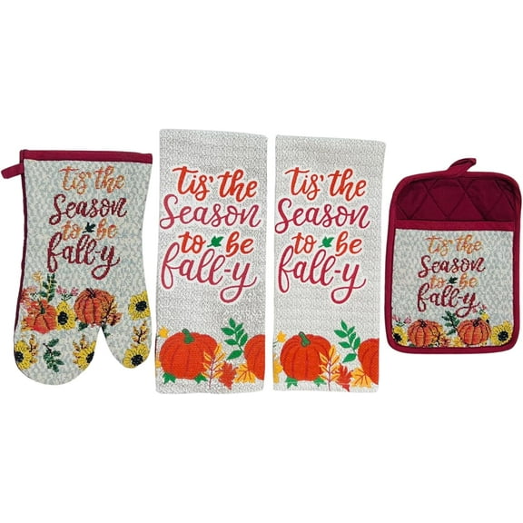 Serafina Home 4-Piece Farmhouse Fall, Autumn, Thanksgiving Kitchen Linen Set - Orange, White, Burgundy, 100% Cotton