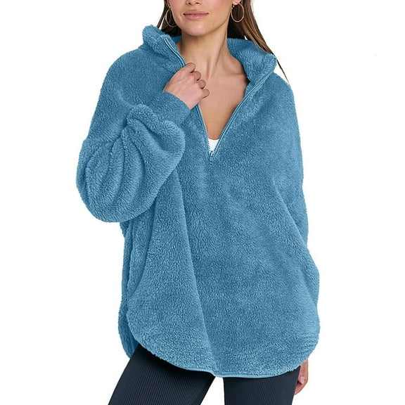nerohusy Womens Half Zip Sherpa Pullover Fuzzy Fleece Oversized Sweatshirts 2025 Long Sleeve Winter Warm Outerwear with Pockets Blue,L