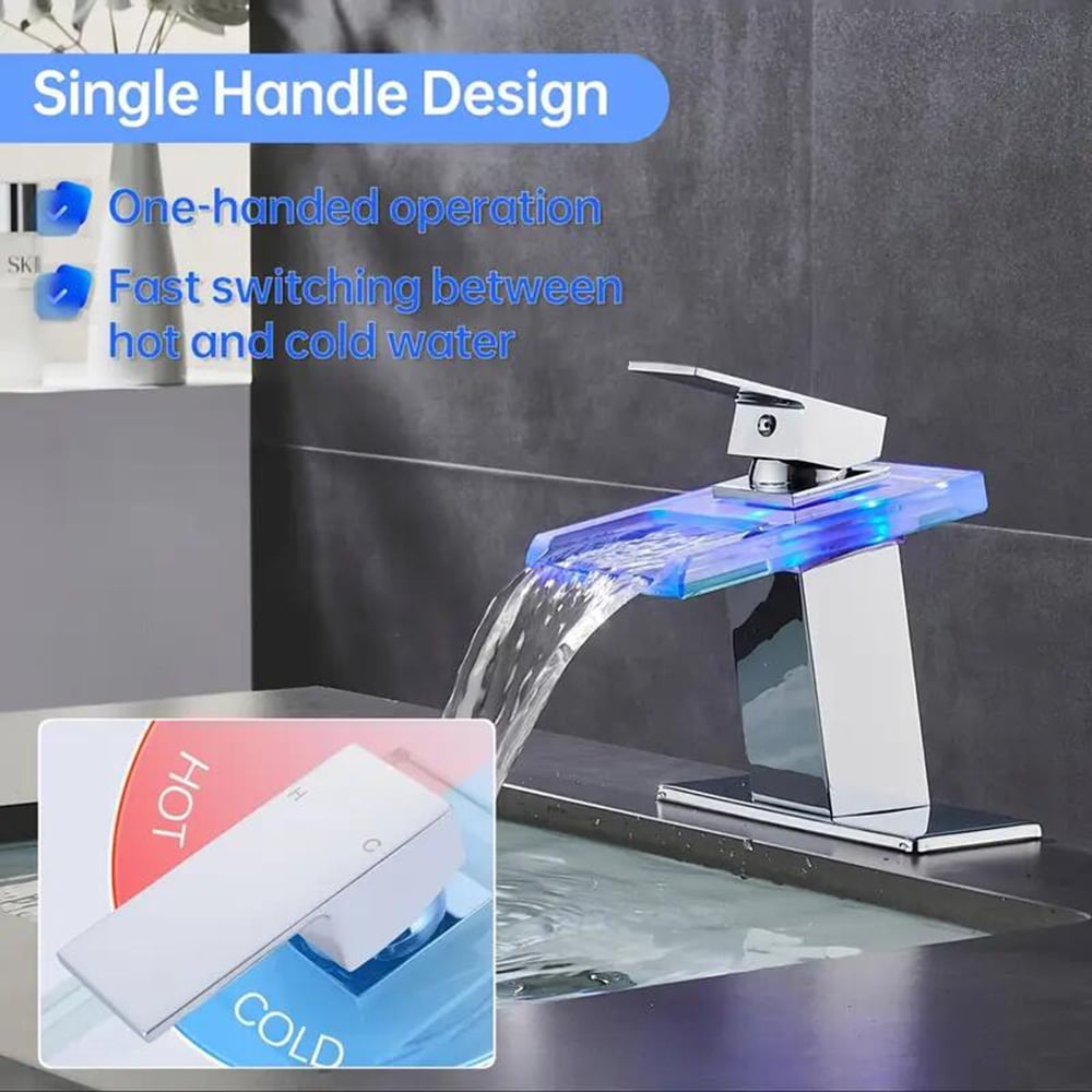 LED Bathroom Sink Faucet Chrome Waterfall Single Hole Handle Vanity Faucet