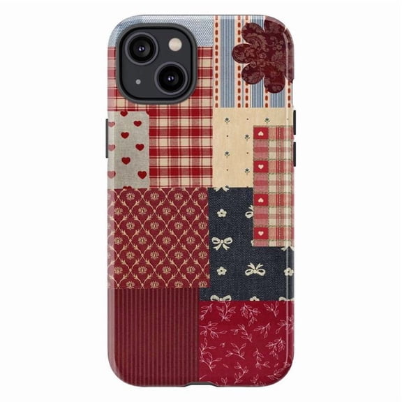 Vintage Collage Phone Case, Red Plaid & Heart Patchwork Design Cover for iPhone 17 16 15 14 13 12 11 Pro Plus Max Mini