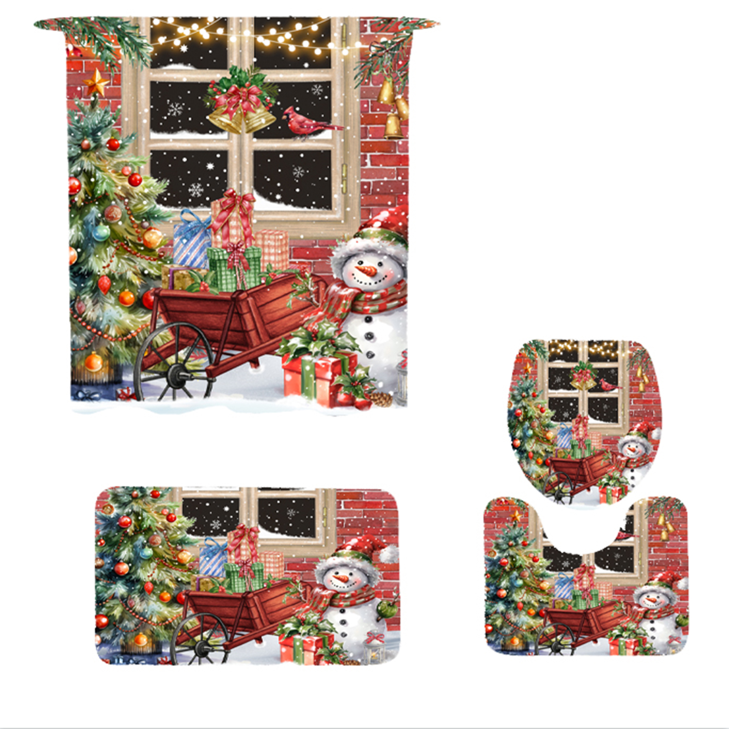 FRAMICS Christmas Tree Shower Curtains and Bath Rug Set, Snowman