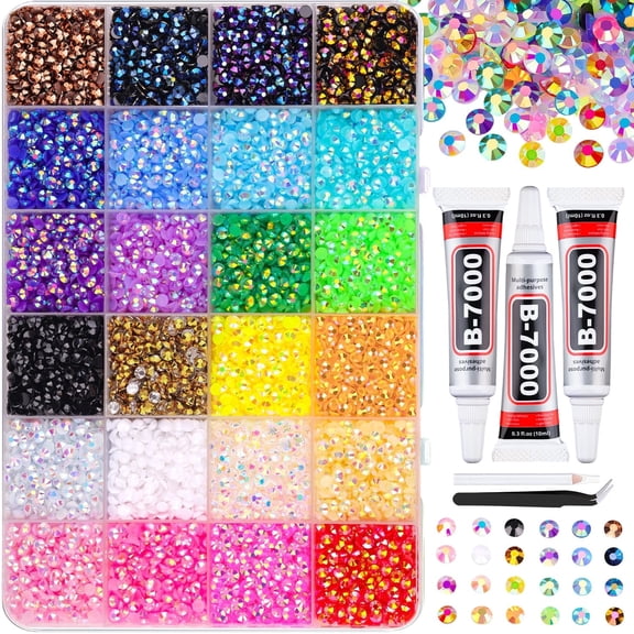 12000Pcs Resin Rhinestones for Bedazzling, Multicolor 3mm Flatback Gems for Diamond Art, Bedazzler Kit with 3Pcs 10ml B7000 Jewelry Glue for Nail Art Crafting Book Makeup