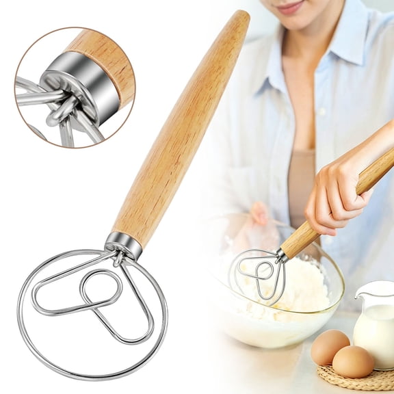 Danish Dough Whisk Stainless Steel Bread Mixer with Wooden Handle, Heavy Duty Dutch Dough Hook Baking Tool for Pizza Dough, Cake Batter & Bread Mixing, Ergonomic Kitchen Baking Gadget, Yellow