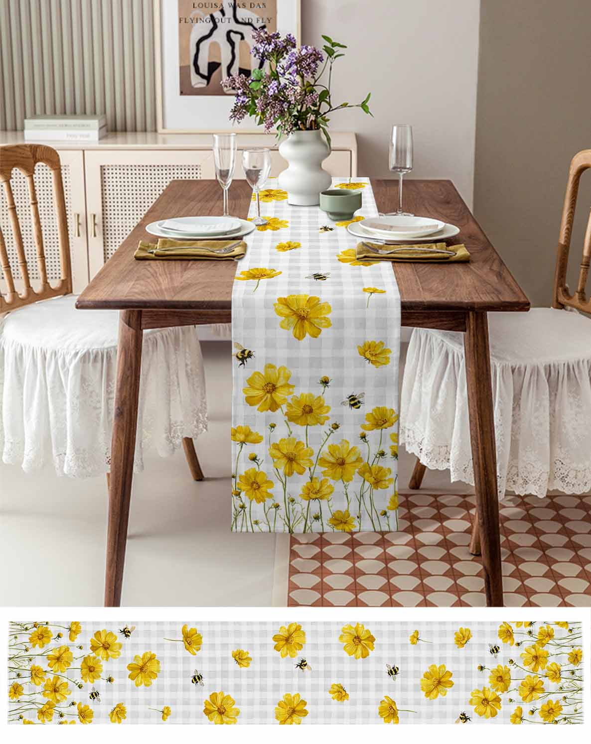 nqOlkjepod Yellow Flowers Table Runner 48 Inches Long Farmhouse Dress Scarves, Summer Bee Country Floral Gray Plaid Dining Tablerunner for Coffee Table/Kitchen Island/Party Décor, 13" x 48"