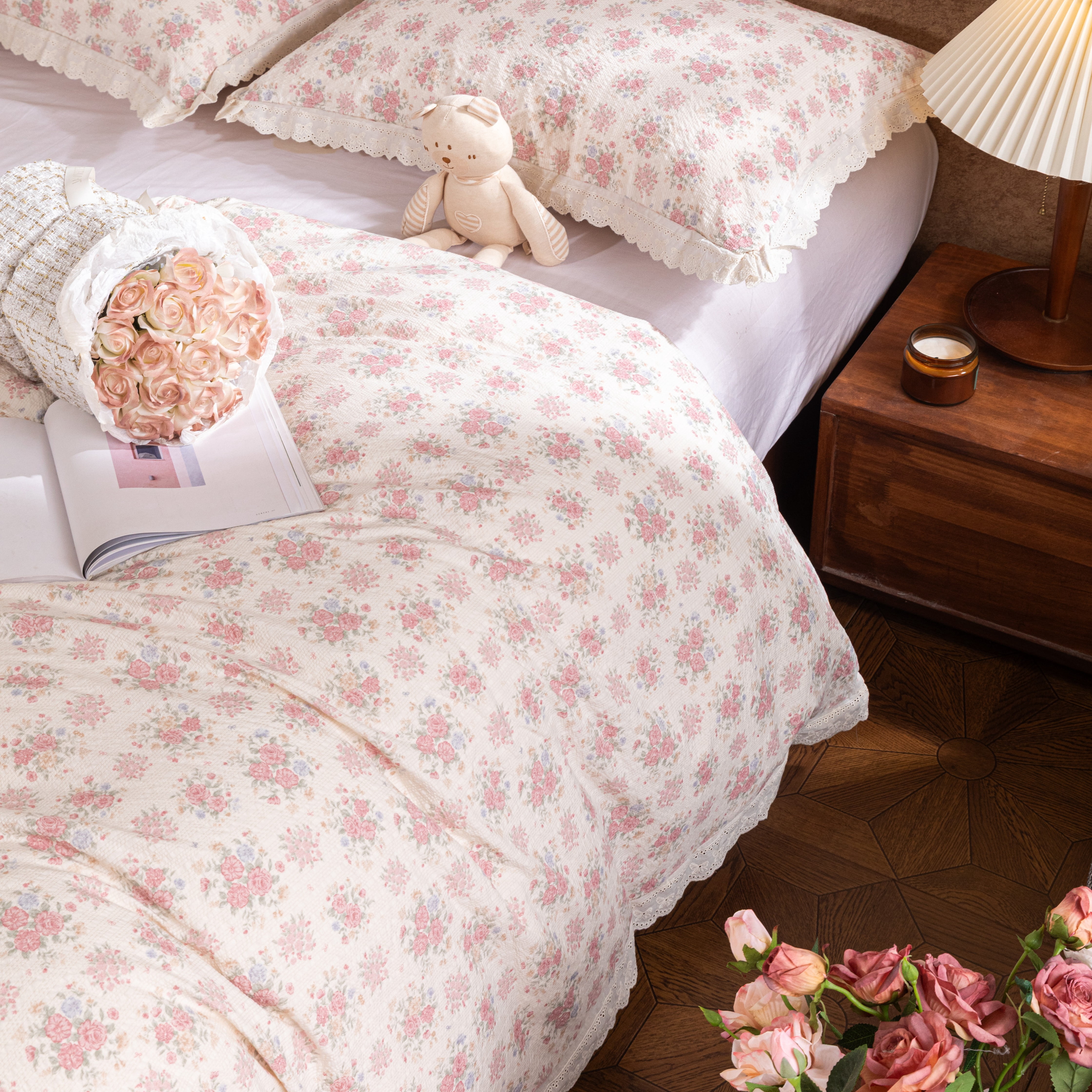 Floral Duvet Cover Twin Pink Flower Bowknot Lace Ruffle Duvet Cover Set Country Vintage Farmhouse Bedding Set for Girls Kids Textured Seersucker Reversible Comforter Cover 3 Pcs