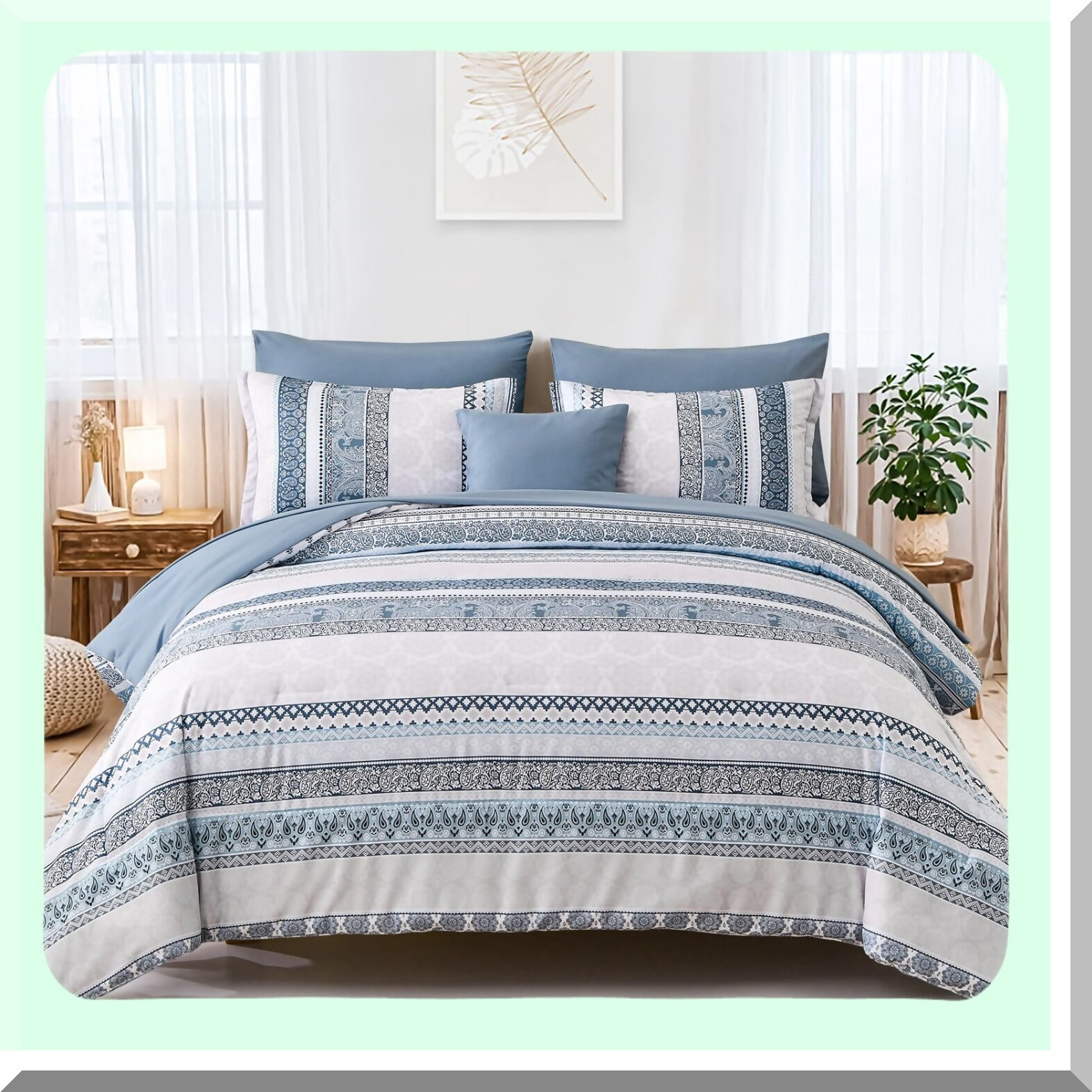 Boho Blue Floral Queen Comforter Set 8 Piece Bed in a Bag Walmart