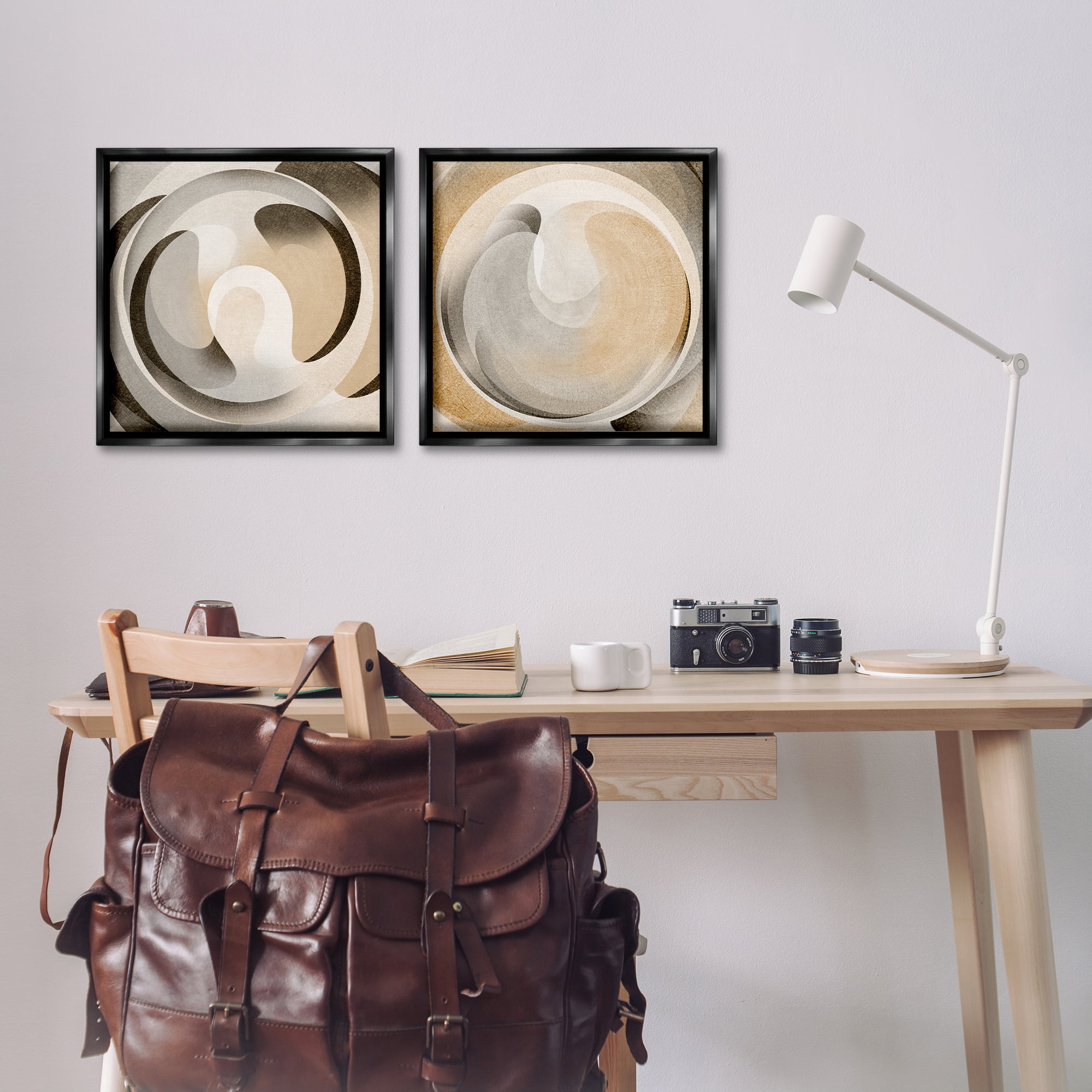 Stupell Industries Neutral Circular Vortex Abstract Painting Black Floater Framed Canvas Art Print Wall Art, 18 x 18, Set of 2