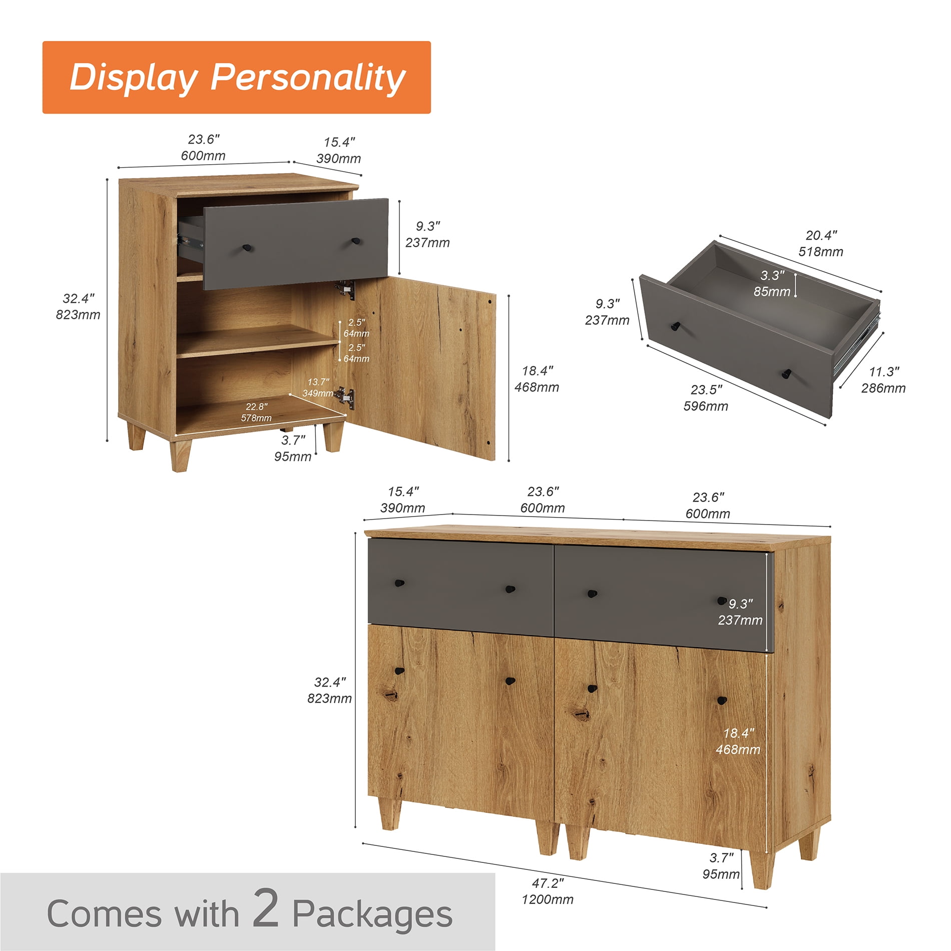 WAMPAT TV Stand Cabinets for 55 Inch Flat Screen, 2-in-1 Modern Highboy Wooden Entertainment Center with 2 Drawers and Shelves, Oak Brown
