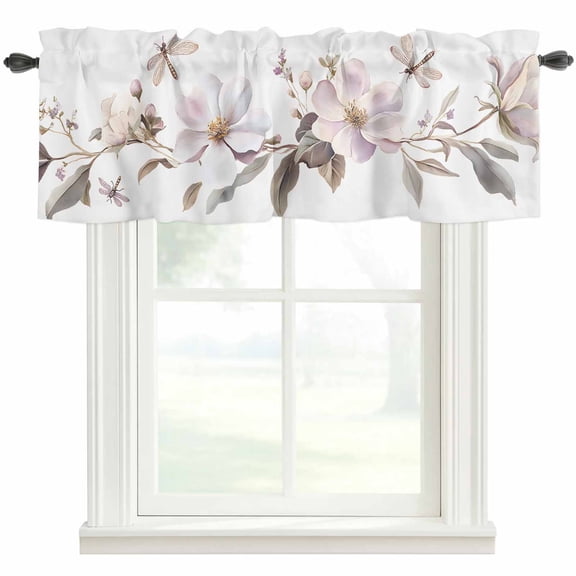 Flowers Dragonfly Window Valance Curtain Watercolor Style Rod Pocket Short Curtain for Living Room, Bedroom & Kitchen Window Decor 42x12in