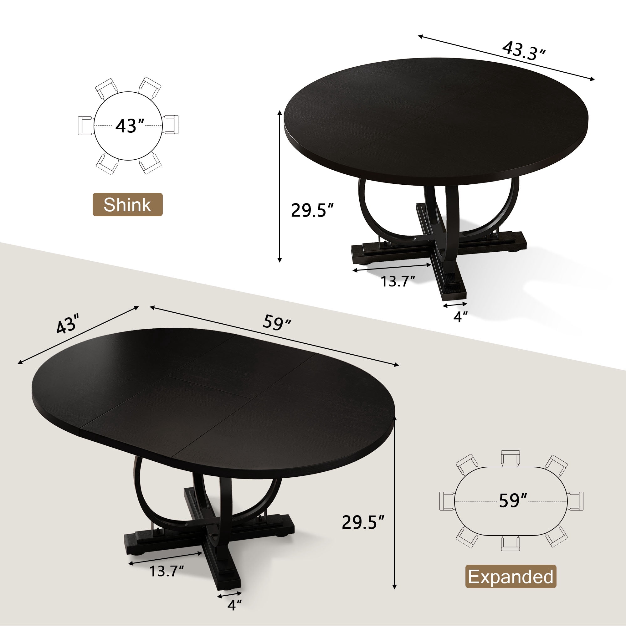 Einhomn 59”Extendable Round Dining Table for 4-8 ,Dining Room Table with X-Shaped Heavy Duty Metal Base,Thickened MDF Board,Modern Kitchen Dining Table,Space Saving,Black