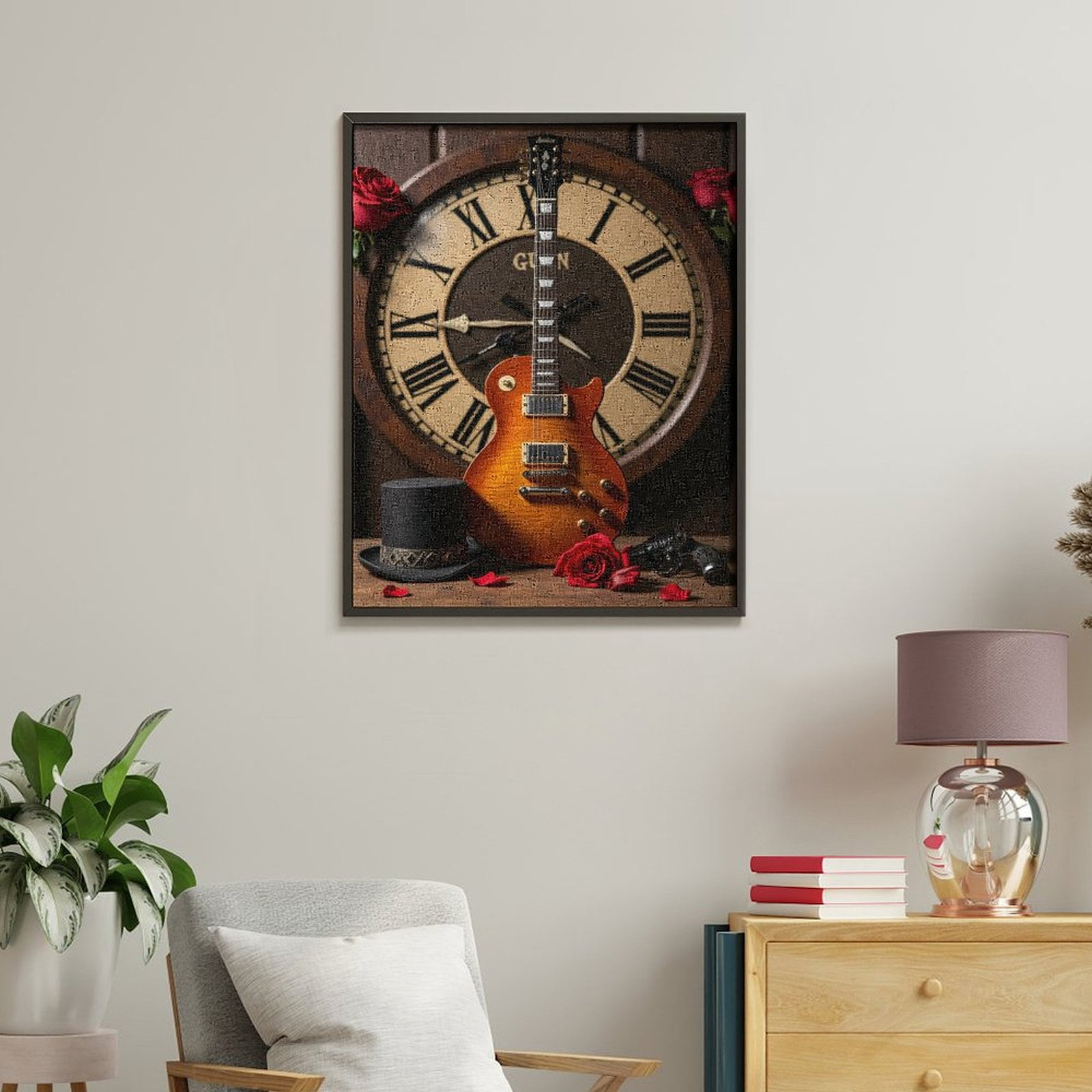 Paint by Numbers Kit for Adults, Guitar Roses Clock Hat Stage Paint by Numbers, Easy Paint by Numbers Kit for Adults Beginner, DIY Adult Paint by Number Kits on Canvas, 12x16in Home Decor