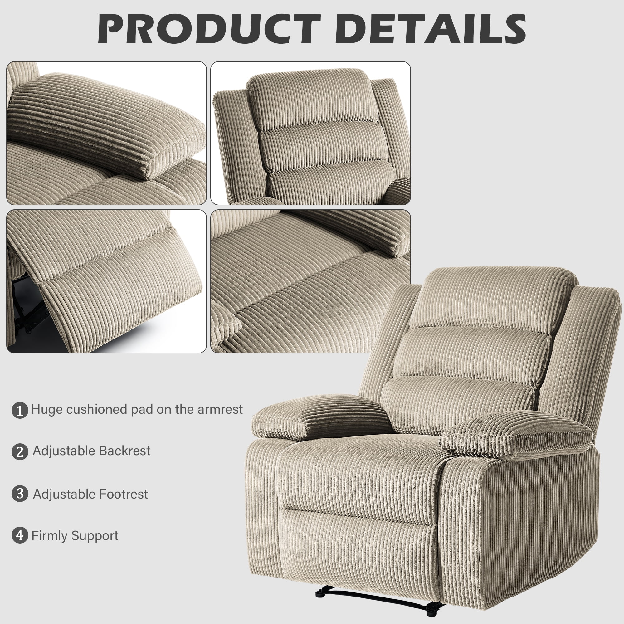 UIXE Manual Recliner Chair, Corduroy Reclining Sofa Chair with Overstuffed Armrests & Backrest for Living Room, Nursery Armchair Bedroom Reading Seat, Oatmeal