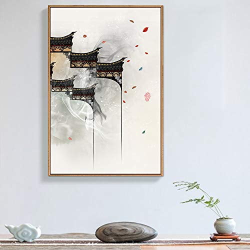 IDEA4WALL Framed Canvas Wall Art Chinese Style Leaves & Antique Architecture Fine Art Retro Rustic City Wall Landscape Art Vintage Artwork for Living Room, Bedroom, Office - Natural 24"x36"