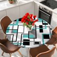 thumbnail image 2 of Retro Middle Round Fitted Table Cover Ages Abstract Geometric Teal Black Square Waterproof Table Cloth with Elastic Edge Wipeable Tablecloth for Picnic Camping Party Fits 36"-44" Diameter, 2 of 8