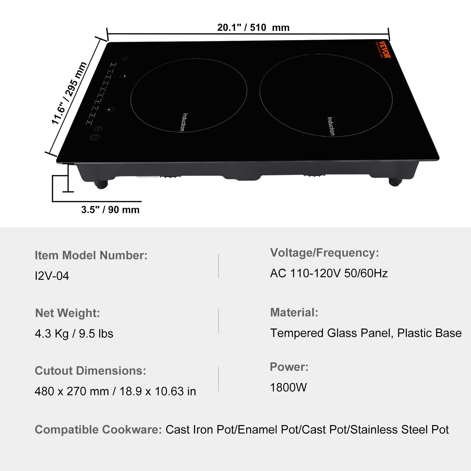 BENTISM 12 inch Electric Cooktop 2 Burners 1800W Stove Top Touch Control