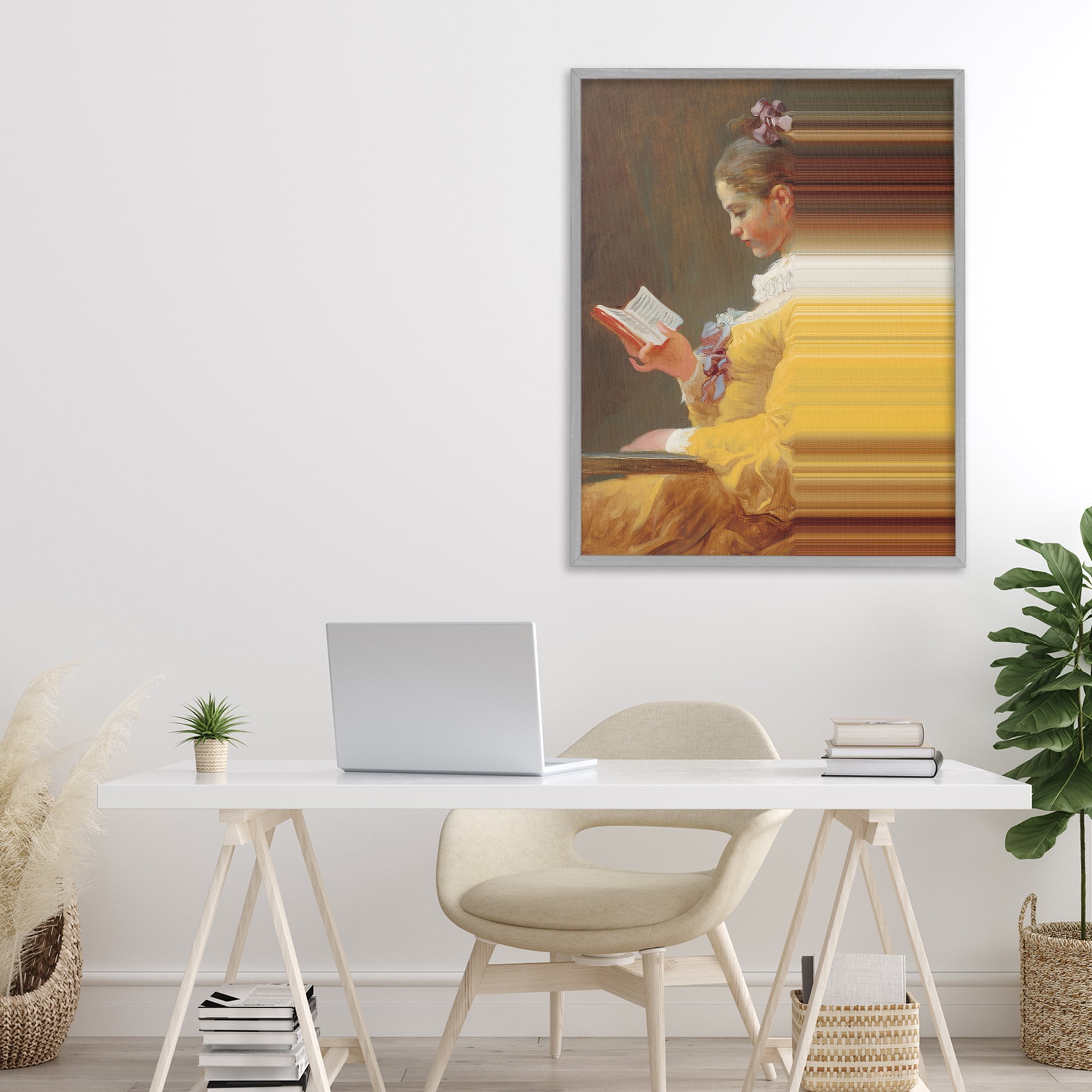 Vintage Lady Reading with Gradient Streaks Gray Framed Giclee Art, design by Seven Trees Design