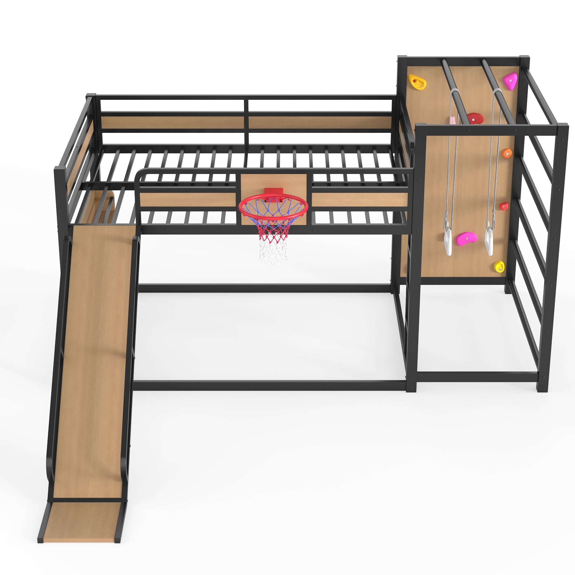 Full Size Loft Bed with Basketball Hoop, Pull-up Rings and Climbing Wall, Metal Loft Bedframe with Bulit-in Bookshelves, Kids Playhouse Bed with Slide for Boys Girls