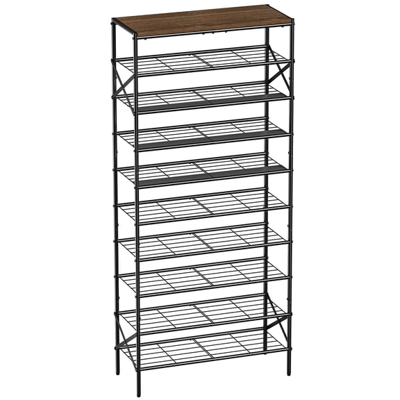 BGTREND 10-Tier Metal Shoe Rack Organizer with Wooden Top, 30-40 Pairs Shoe Storage Shelf for Entryway Hallway (65.67” Tall, Brown)