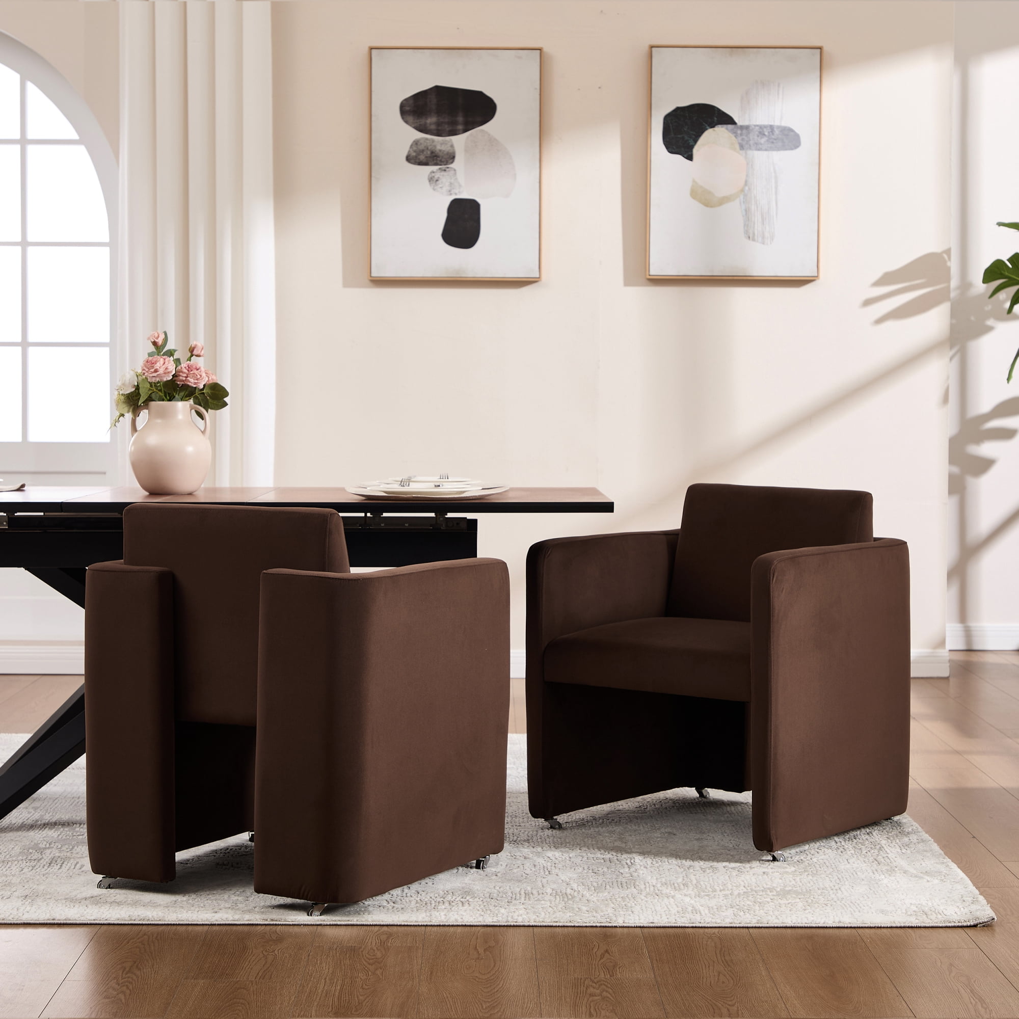 Leumius Modern Barrel Dining Chair, Accent Kitchen Chair with Arms Comfy Velvet Fabric, Side Chair for Living Room Home Office Reception, Chocolate