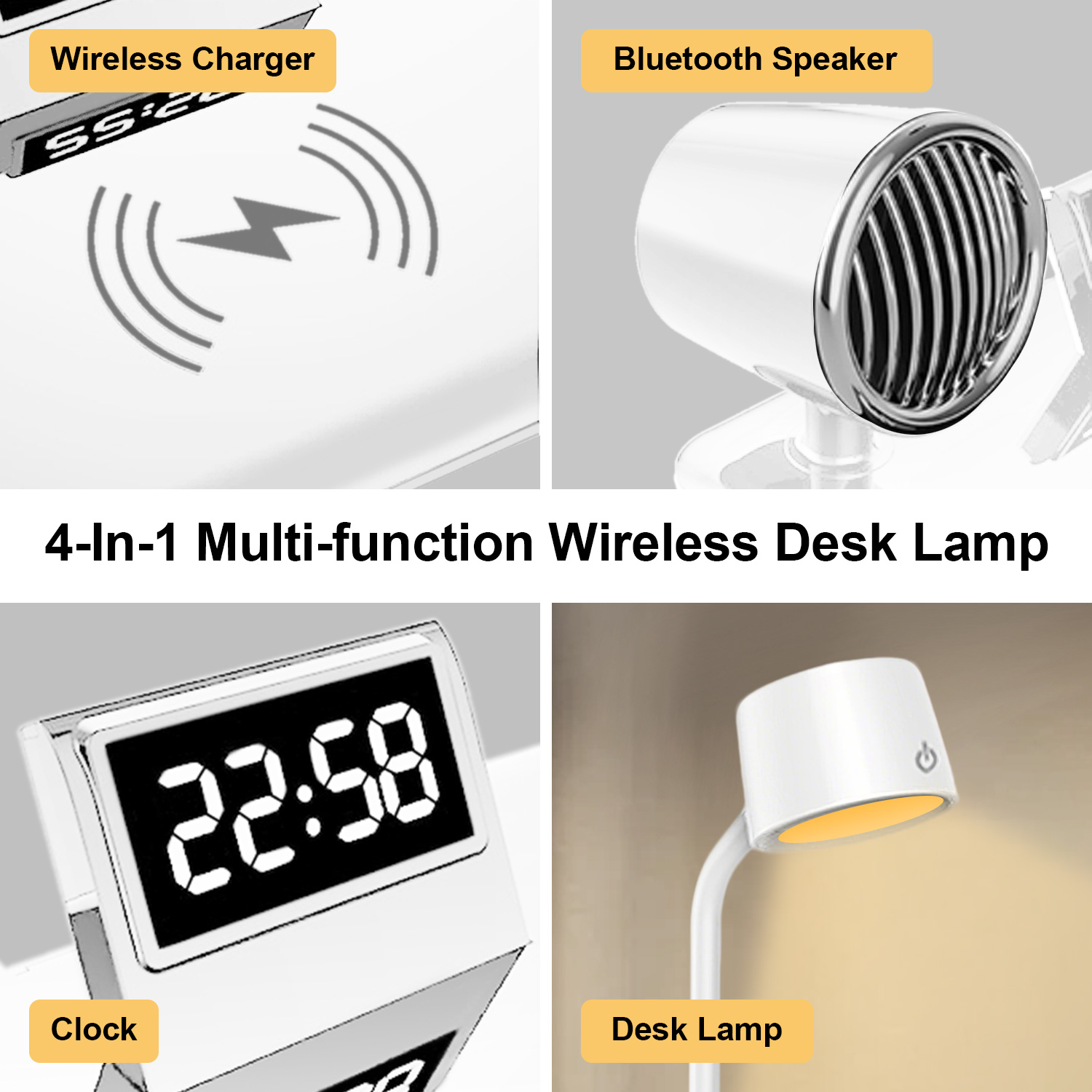 LED Desk Lamp, 4 in 1 Multifunction Table Lamp with Wireless Charger, Bluetooth Speaker Digital Clock, 360° Adjustable Gooseneck Arm with 3 Color Modes Dimmable Lamp for Home Office Bedroom, White