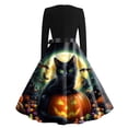 thumbnail image 3 of Women's Retro Halloween Evening Midi Dress, Square Neck High Waist Fit Flare Dress, Cat Pumpkin Print Flared Skirt Vintage Costume for Autumn Halloween Events Orange B 5XL, 3 of 4
