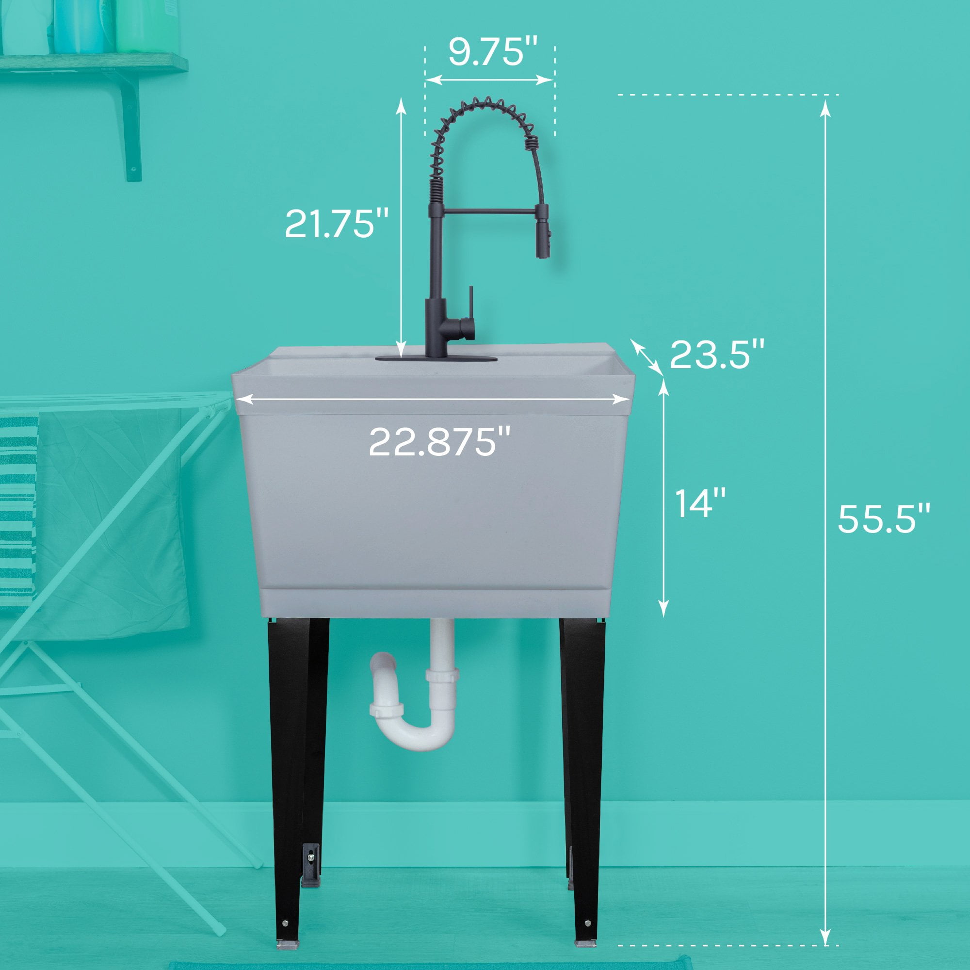 Tehila Grey 19 Gallon Utility Sink with High-Arc Black Coil Pull-Down Faucet