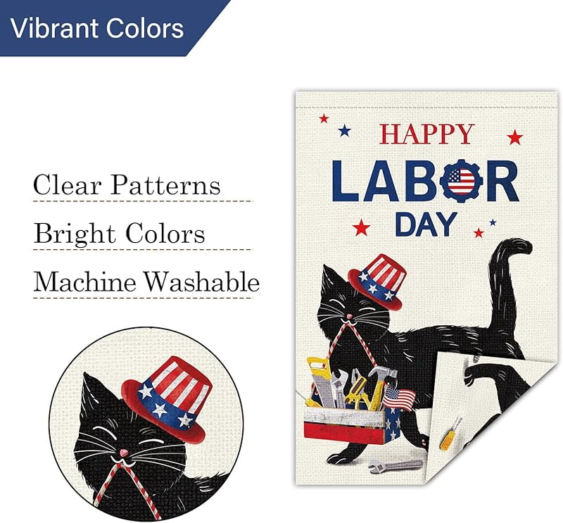 Happy Labor Day Garden Flag Double Sided Vertical, Burlap Small Black Cat Garden Yard House USA Flags Banner Outdoor Outside Labor Day Decoration (ONLY FLAG)