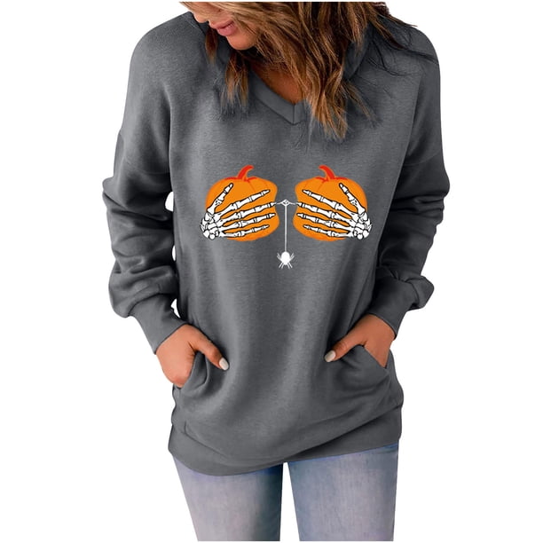 Sudadera clásica de manga larga con cuello en V y estampado de Halloween para mujer Pompotops FGAJ15157