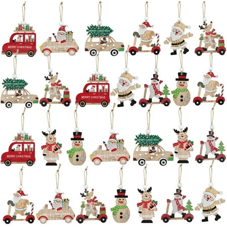 DearHouse 27Pcs Christmas Wooden Hanging Ornament Set, Red Christmas Truck Ornaments, Wooden Christmas Snowman and Santa Claus Orn