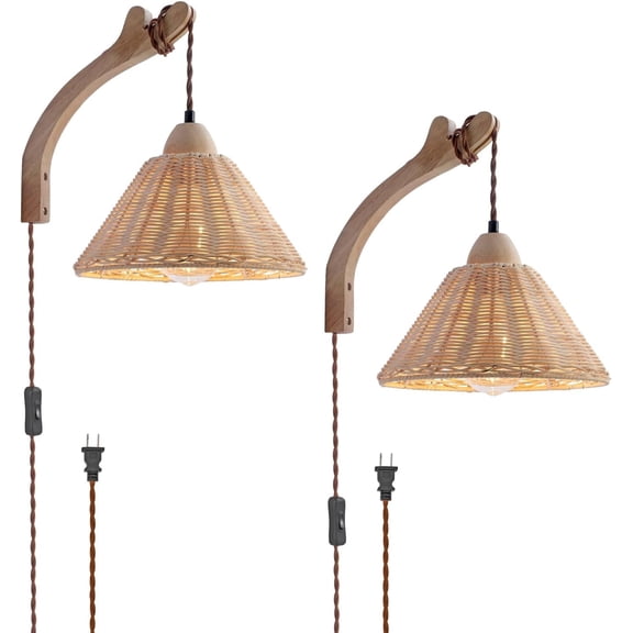 KEESFU Plug-in Wall Sconce, Boho Natural Rattan Shade with Cord, Farmhouse Rustic Light Fixture for Bedroom, Living Room