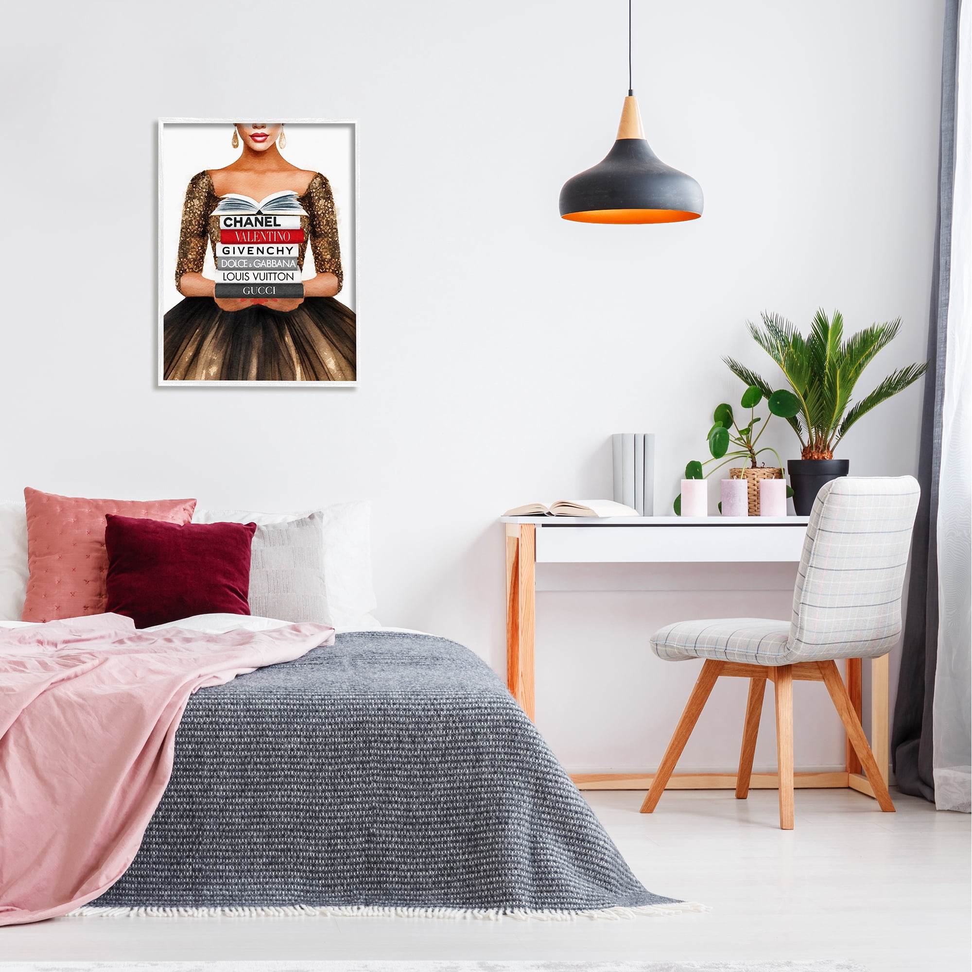 Stupell Industries Glam Girl & Bookstack Beauty & Fashion Painting White Framed Art Print Wall Art, 24 x 30