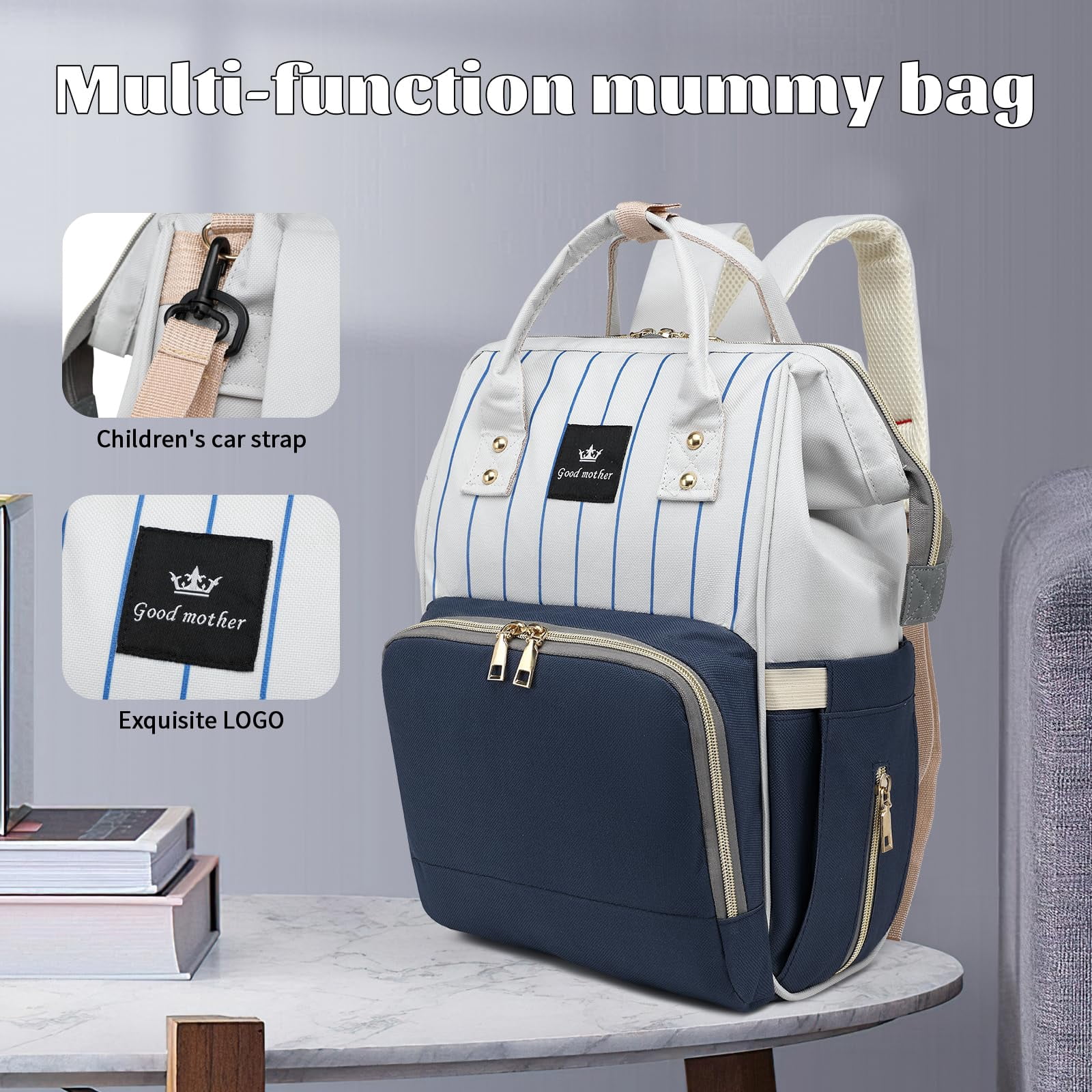 Diaper Bag Bacpack, HDJ Diaper Bag for Travel, Large Capacity Bacpack with Insulated Milk Bottle Pocket for Mommy,Navy