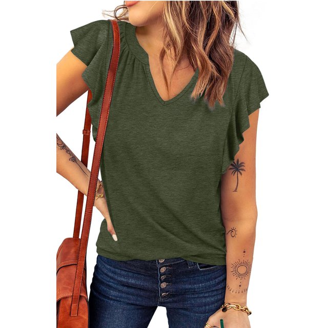 Blusa de verano para mujer, cuello en V, manga casquillo, informal, fluido, Color puro, camisetas elegantes para mujer OD verde S