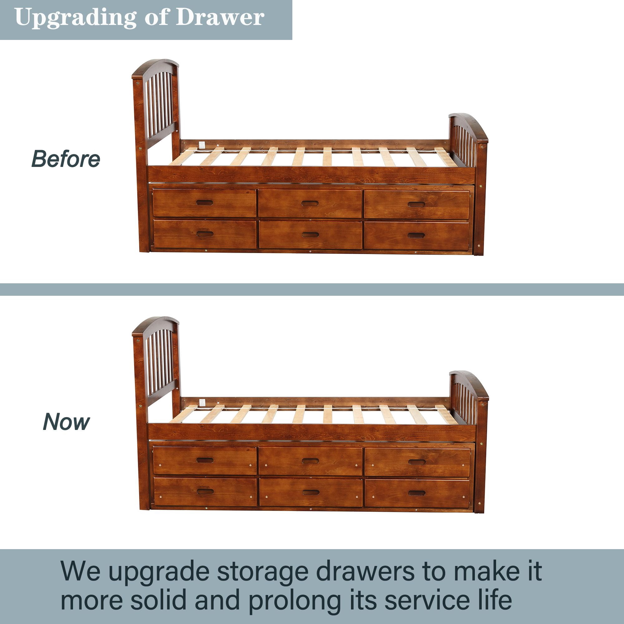 Aukfa 6 Drawers Platform Storage Bed, Solid Wood Captain Bed, Twin Size - Walnut