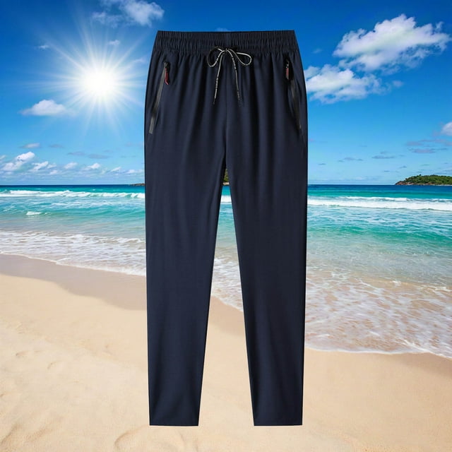 Deals of The Day Clearance! Men's Large Size Solid Color Casual Fashion Loose Ice Silk Sweatpants Drawstring Zipper Pockets Exercise Pants, Comfortable Sports Pants for Plus-Size Men