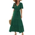 thumbnail image 3 of Boho Dot Summer Maxi Dresses for Women Wrap V Neck Short Sleeve Long Flowy Church Wedding Guest Dress Green M, 3 of 9