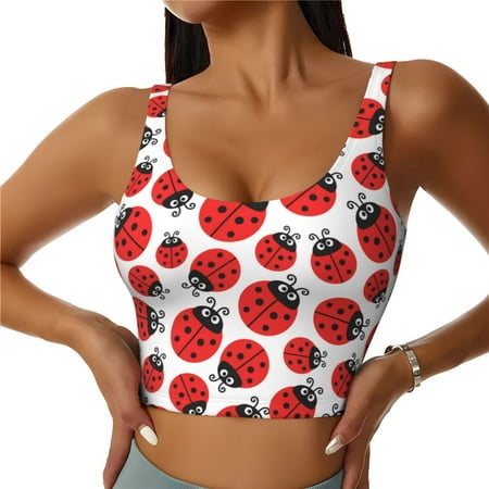 Adobk Cartoon Ladybug Print Sports Bras for Women Longline Workout Crop Tank Tops Padded with Built in Shelf Padded Sports Bra-X-Large