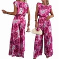 thumbnail image 3 of Lounge Sets for Women Two Piece Outfits Knit Cap Sleeve Tops Wide Leg Pleated Pants Rose Red L, 3 of 7