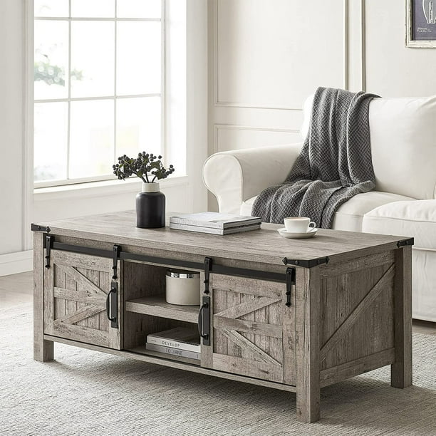OKD Farmhouse 48 Inch Coffee Table w Sliding Barn Doors Light