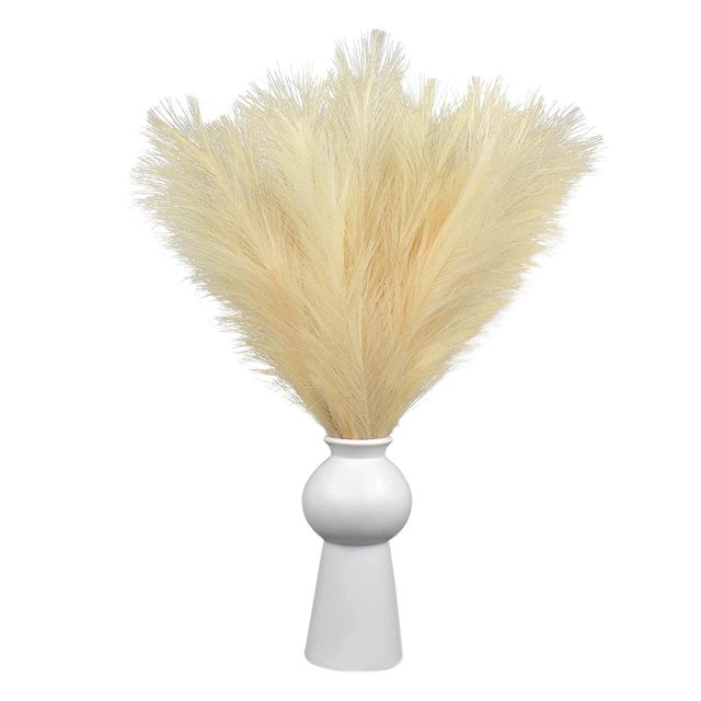 12pc Faux Pampas Hierba 28 pulgadas Jarrón Relleno Arreglo Beige Amarillo Afortunado Sencillez