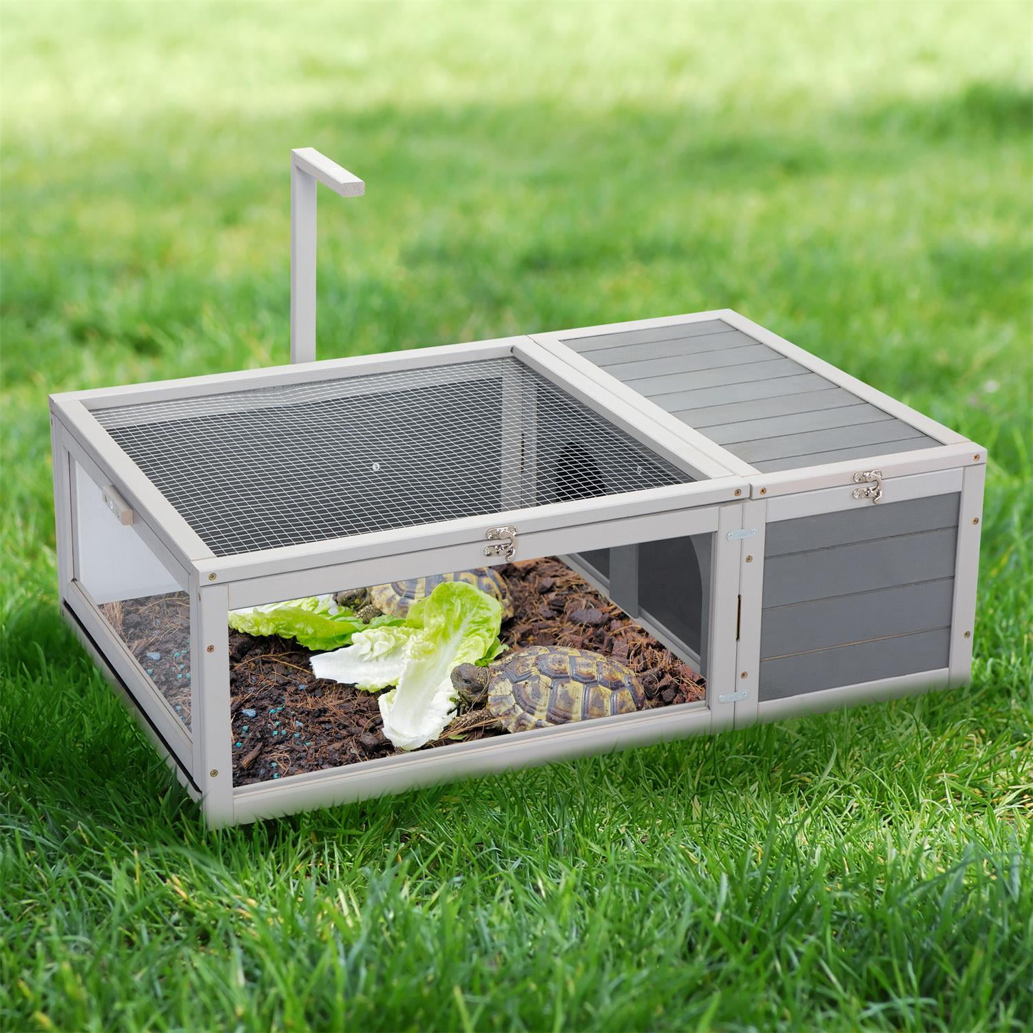 Pefilos 38" Tortoise House Wooden Turtle Habitat with Removable Top and Tray for Indoors Rabbit Hutch, Gray Pefilos 38" Tortoise House Wooden Turtle Habitat with Removable Top and Tray for Indoors Rabbit Hutch, Gray