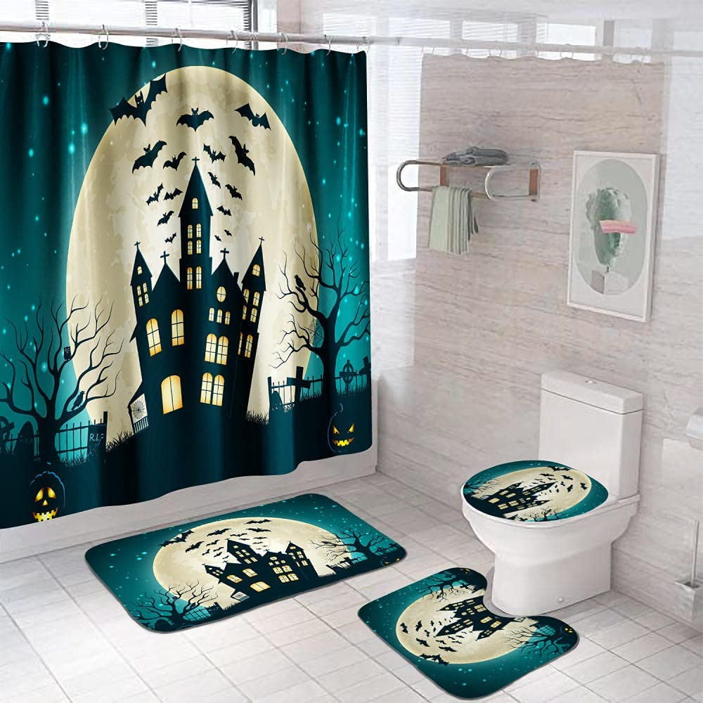 Halloween Pumpkin Castle Shower Curtain Bathroom Mat Carpet Rug Toilet Cover Lid 