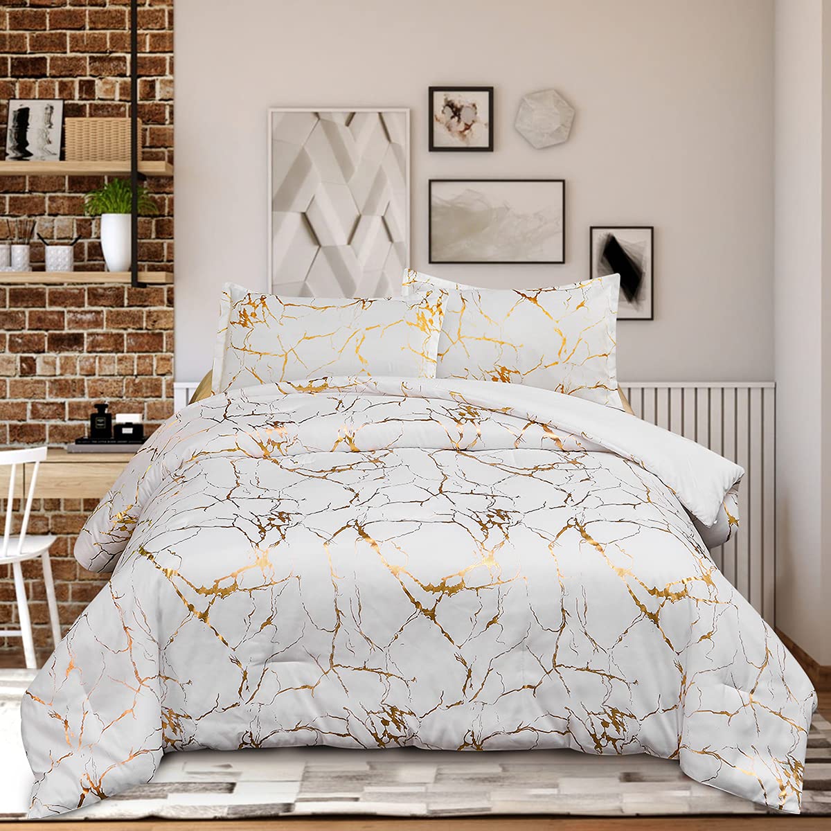 Holawakaka Gold Metallic Marble Comforter Set Full/Queen Size Foil