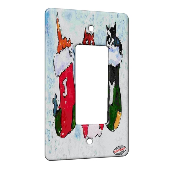 KuzmarK™ 1 Gang Rocker Wall Plate - Christmas Stockings Joy Cat and Mouse Art by Denise Every