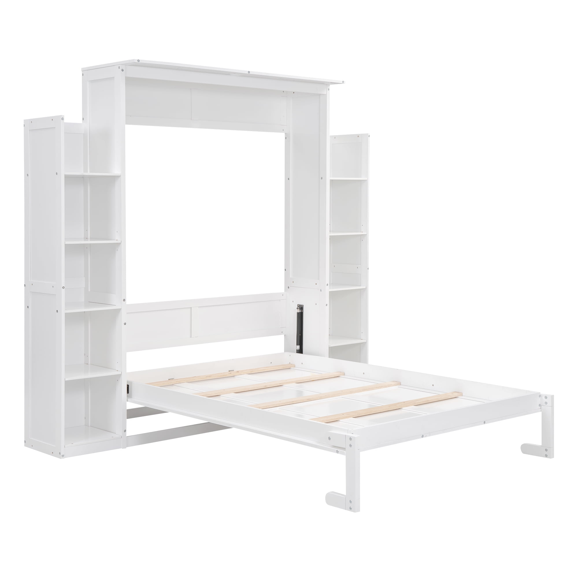 Aukfa Full Size Murphy Bed with 5-Tier Storage Shelf & LED Lights, Foldable Wall Bed Cabinet with Mattress Support, Space-Saving Design for Guest Room/Home Office, White