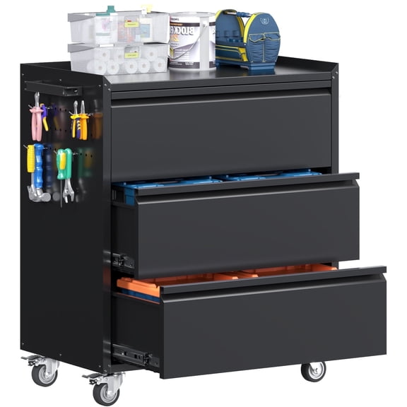 HUAXRON Three Drawer Metal Garage Storage Cabinet 4 Hooks & Pegboard, Rolling Lockable Tool Bench Storage Cart for Tool Chest and Organizer, Assembly Required