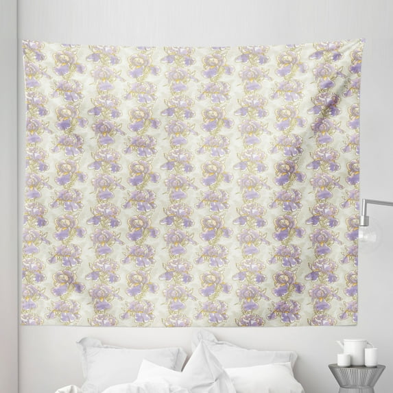 Watercolor Tapestry, Pastel Iris Bouquets and Leaves Romance Blossoms of the Garden, Fabric Wall Hanging Decor for Bedroom Living Room Dorm, 5 Sizes, Lavender and Grey Yellow, by Ambesonne