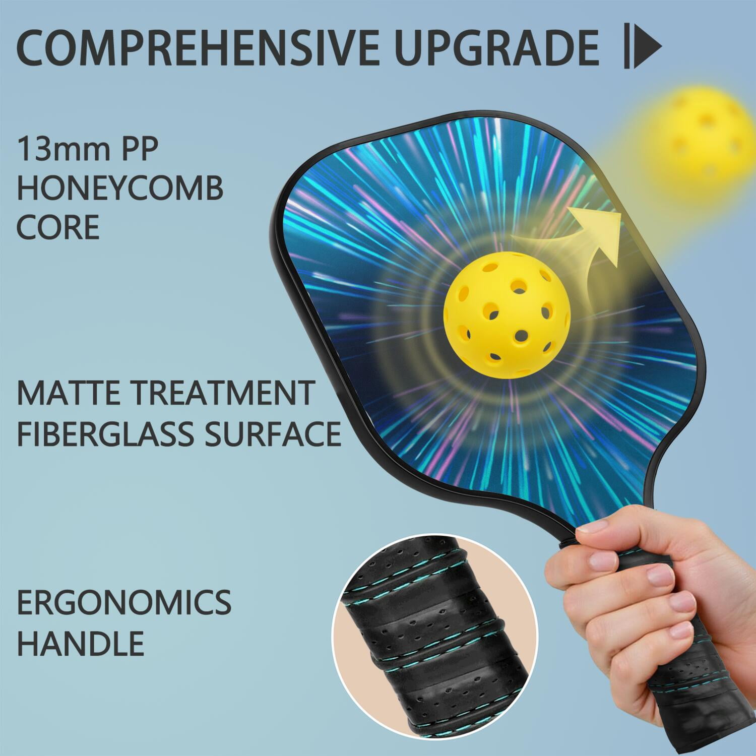 Pickleball Paddles Set Of 1, Fiberglass Surface, Speed, Lightning, Thunder Print, 1 Paddle, 2 Balls & Bag