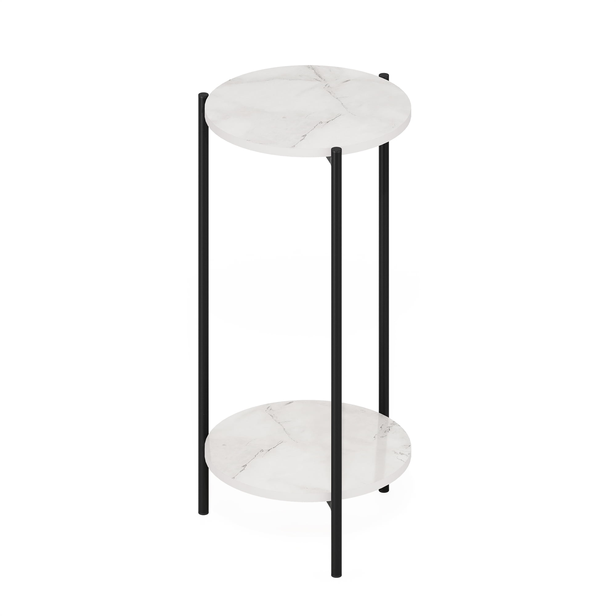 Furinno Besi 2-Tier Modern Tall Round Side End Table with Sturdy Metal Legs, Marble White